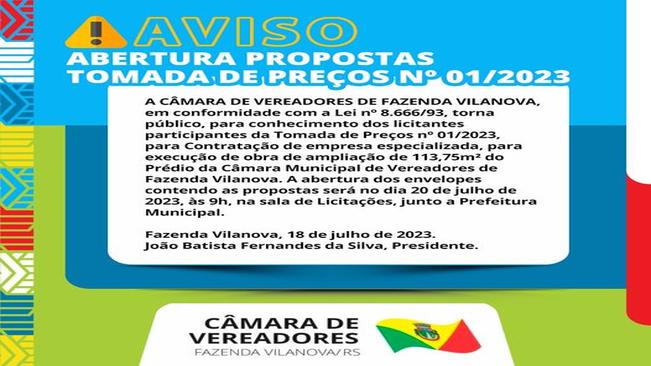 AVISO - ABERTURA DE PROPOSTAS - TOMADA DE PREÇOS Nº 01/20223